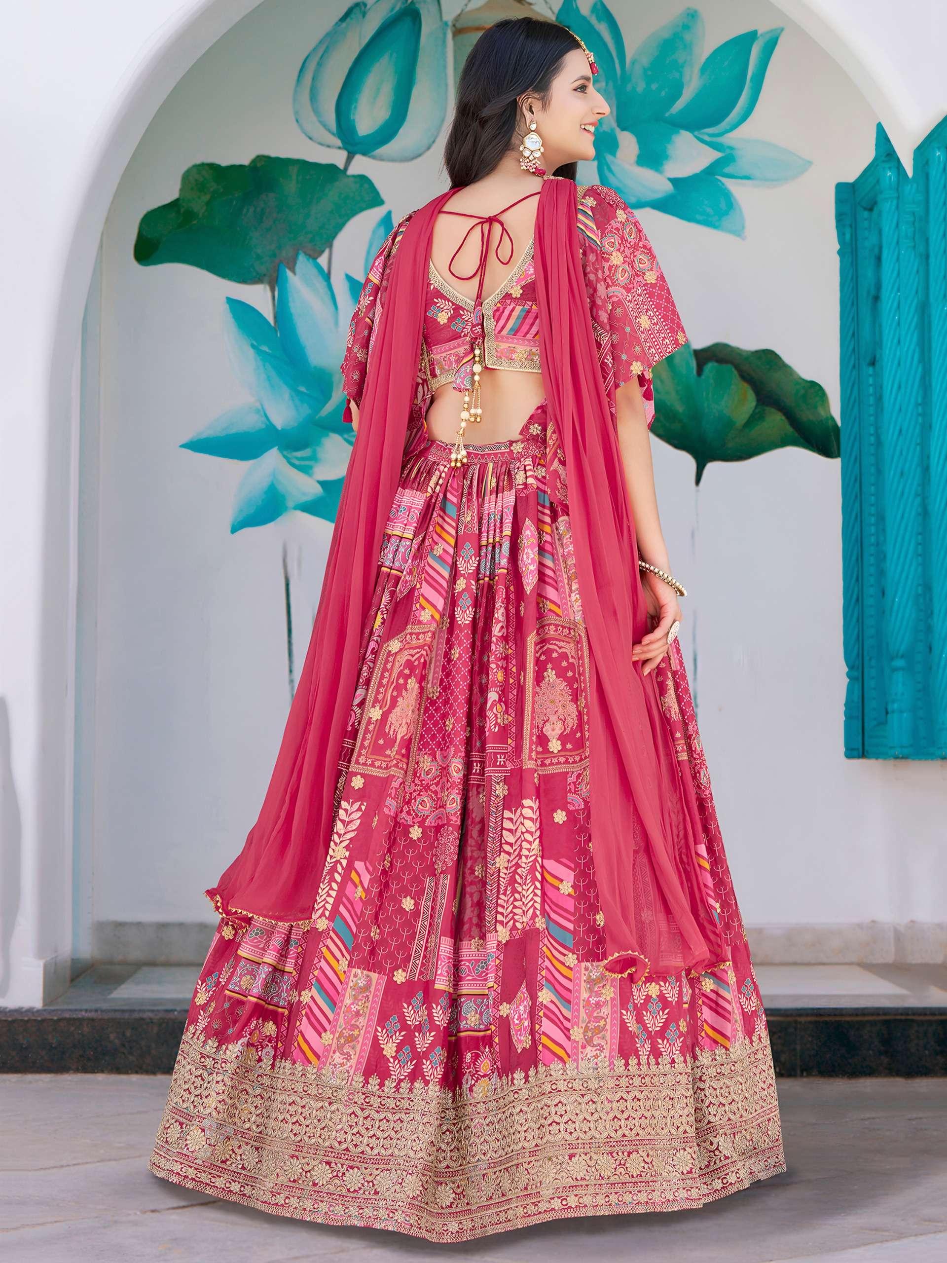Rani Pink Multicolor Printed and Royal Chinnon Silk fabric Lehenga Choli reseller in surat 7050 Pink 